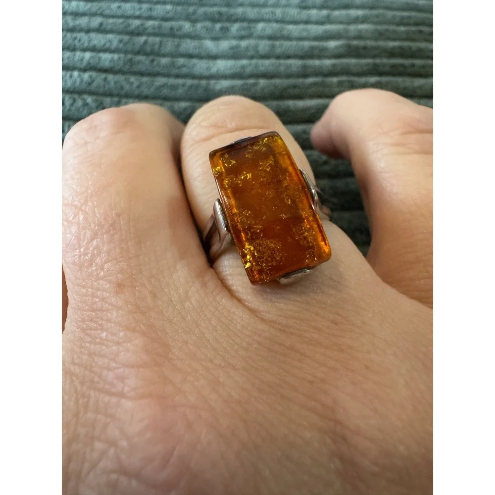 Sterling Silver 925 Amber Ring Statement Rectangle‎ Vintage Women Jewelry